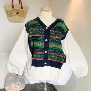 Navy Green Fair Isle Knit Sweater Vest